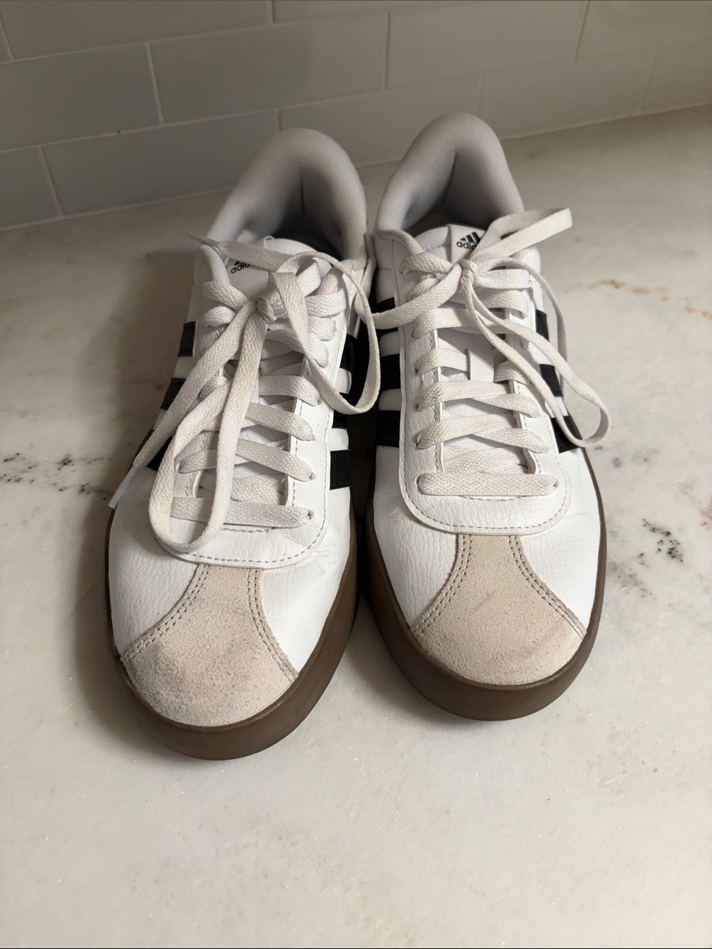Women’s Adidas Court White Casual Sneakers with Black Stripes and Brown Sole
